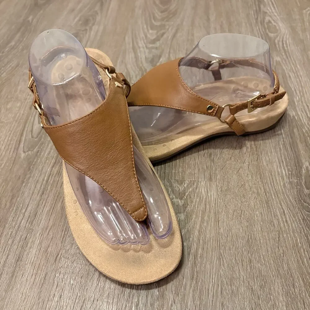 Vionic Kirra Women’s Sz 9 Tan Leather Orthotic Thong Sandals Slingback Comfort